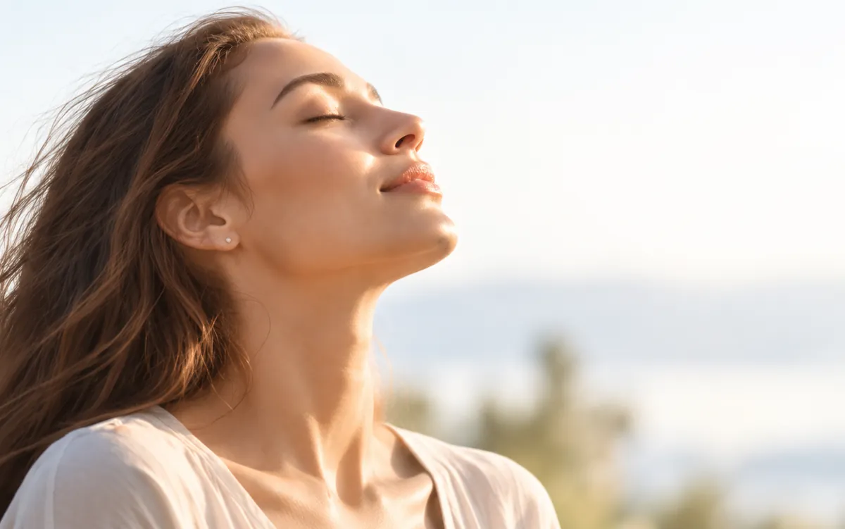 Mulher de olhos fechados respirando ao ar livre sob a luz do sol